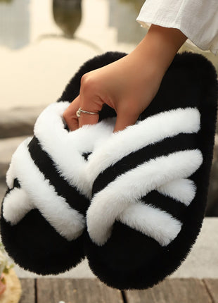 Fluffy Cross Strap Stitching Warm Slippers