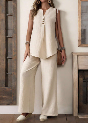 Sleeveless Textured Vest And Wide-Leg Button Front Pants Set