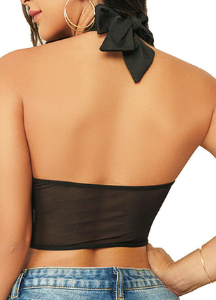 Top Stitching Mesh See-through Cross-halterneck Fishbone