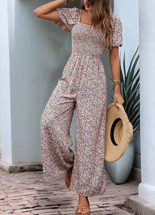 Square Collar Puff Sleeve Vacation Style Floral Jumpsuit