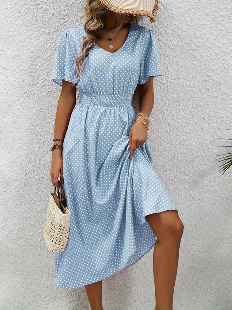 Polka Dot Short Sleeve Long Dress