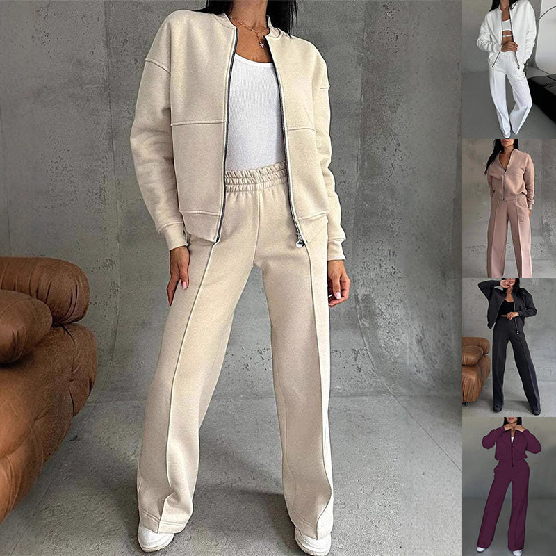Zipper Jacket and Wide Leg Pants Set