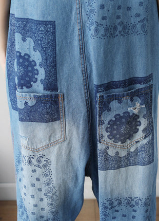 Sleeveless Washed Ripped Denim Suspender Overall