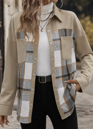 Lapel Pocket Plaid Colorblock Coat