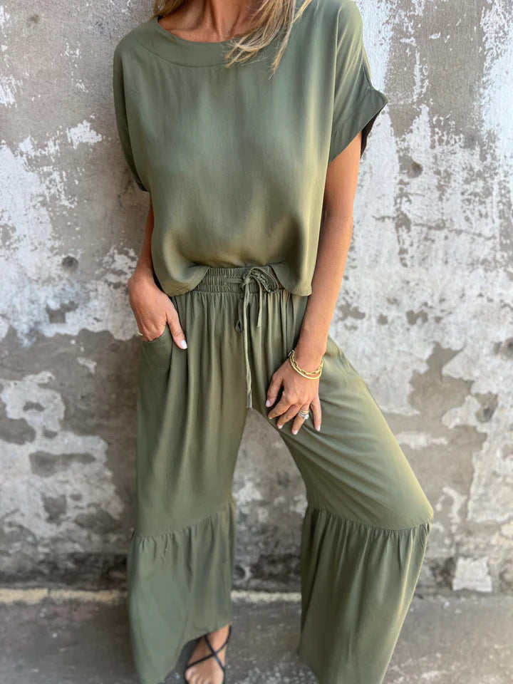 Short-sleeved Round Neck Pullover Top and Drawstring Wide-leg Pants Set