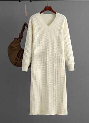 V-Neck Knitted Long Sweater with Back Slit