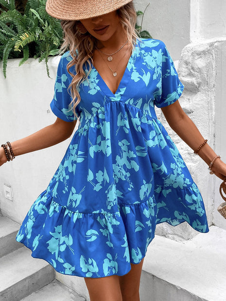 Print Batwing Sleeve Ruffle Hem Smock Dress Vacation Beach Outfits