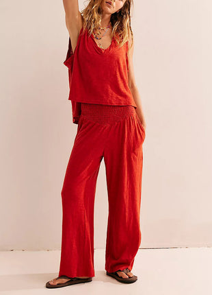 Knitted V-neck Top Elastic Waist Two-piece Suit