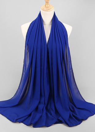 Elegant Women's Monochrome Lace Panel Pearl Chiffon Scarf