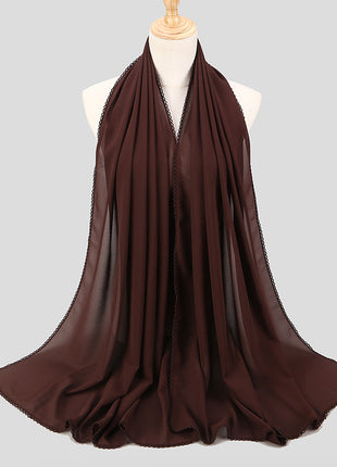 Elegant Women's Monochrome Lace Panel Pearl Chiffon Scarf