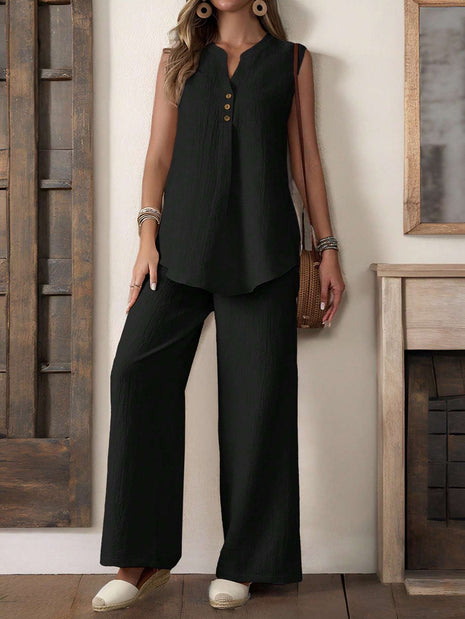 Sleeveless Textured Vest And Wide-Leg Button Front Pants Set