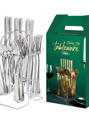 24 PC Dinnerware Set Stainless Steel Tableware Set Knife Fork Spoon Luxury Cutlery Set With Storage Rack