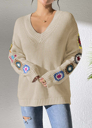 Crochet V-Neck Pullover Sweater