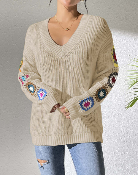 Crochet V-Neck Pullover Sweater
