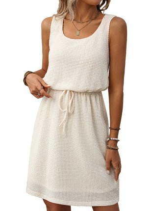 Square Collar Drawstring Sleeveless Vest Dress With Lining