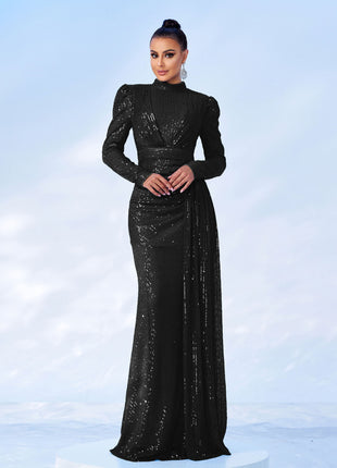 Long Sleeve Sequined Banquet Dress