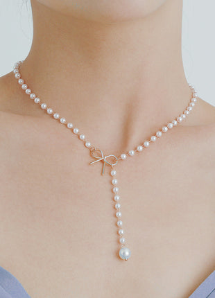 Bow Pearl Tassel Pendant Necklace