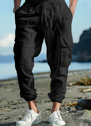 Casual Trousers Ankle-tied Multi-pocket Tether Solid Color Loose