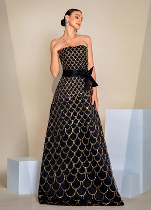 Off-neck Wrapped Chest Nipped-waist Large Swing Sequined Dress