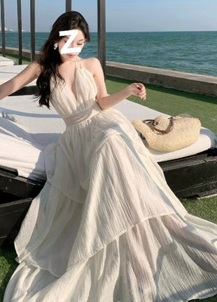 Deep V New Patchwork Slim Fit Spaghetti Straps Tiered-Ruffle Long Dress