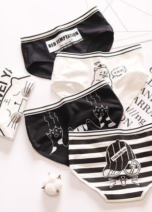 Black And White Cute Cartoon Mid Waist Sheath Breathable Underwear