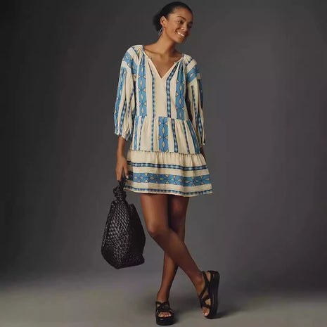 Sleeve V-neck Striped Printed A- Line Skirt Dress