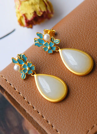 Natural White Jade Drop-shaped Earrings