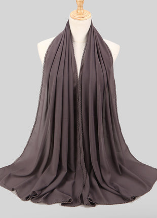 Elegant Women's Monochrome Lace Panel Pearl Chiffon Scarf