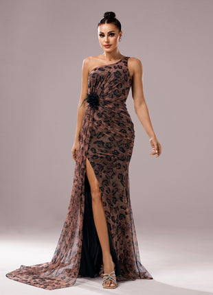 One-Shoulder Leopard Sequined Evening Dress