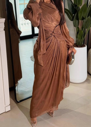 Pleated Ribbon Shiny Evening Dress