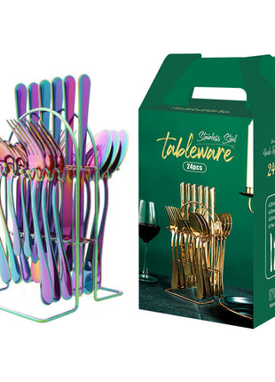 24 PC Dinnerware Set Stainless Steel Tableware Set Knife Fork Spoon Luxury Cutlery Set With Storage Rack