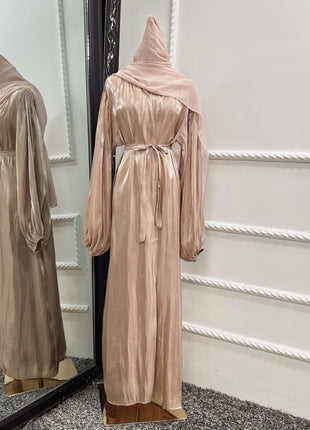 Bubble Sleeve Cardigan Elegant Long Lanyard Abaya with Headscarf