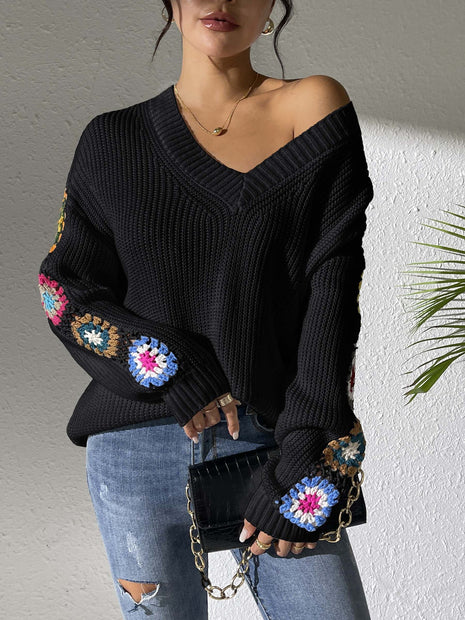 Crochet V-Neck Pullover Sweater