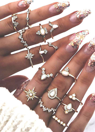 Diamond Crown Water Drop Retro Ring Set 16 Pieces