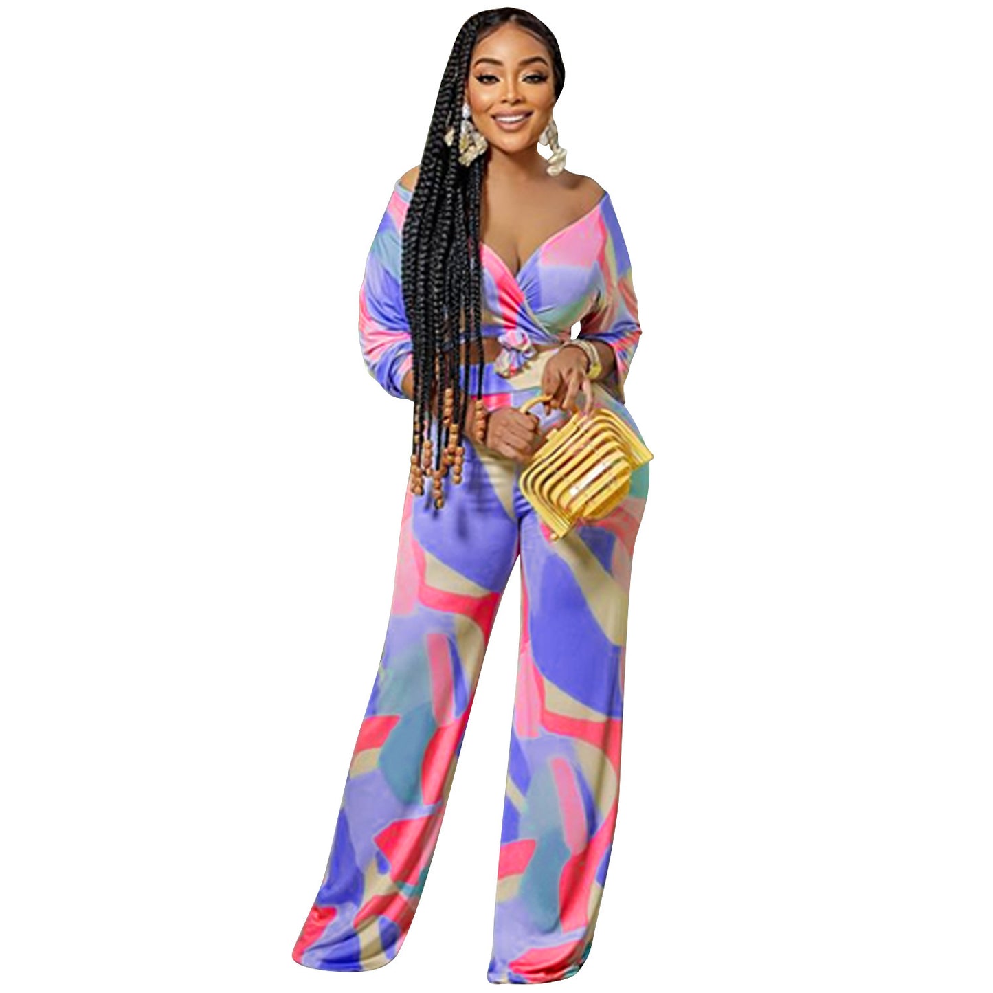 Irregular Pattern Long-sleeved Trousers V-neck Two-piece Suit