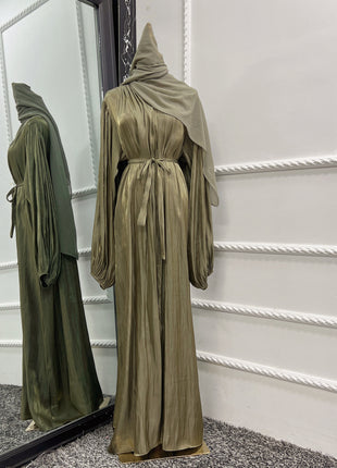 Bubble Sleeve Cardigan Elegant Long Lanyard Abaya with Headscarf