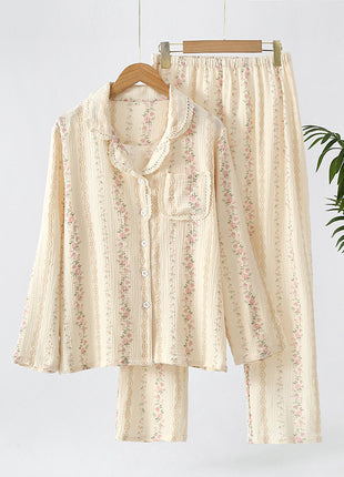 Double-layer Gauze Floral All Cotton Loose Pyjamas