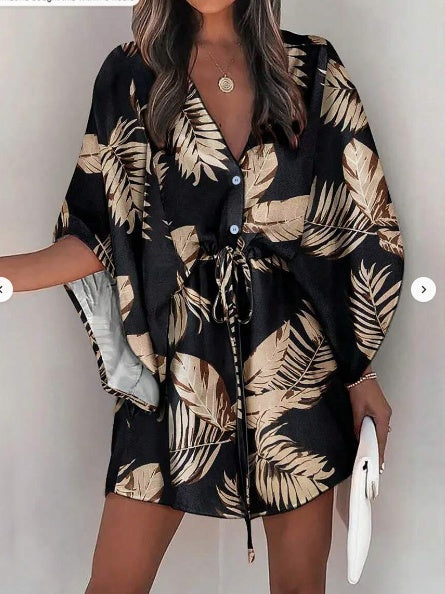 Batwing Sleeve with Botanical Design Dress