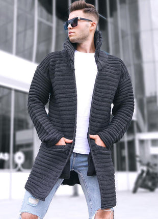 Knitted Cotton Ribbed Jacquard Lapel Cardigan Sweater