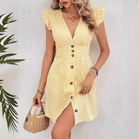 V-neck Single-breasted Fly-sleeve Dress