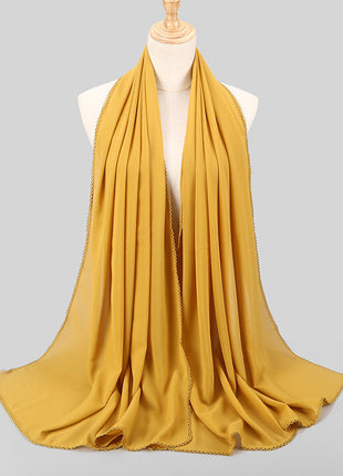 Elegant Women's Monochrome Lace Panel Pearl Chiffon Scarf