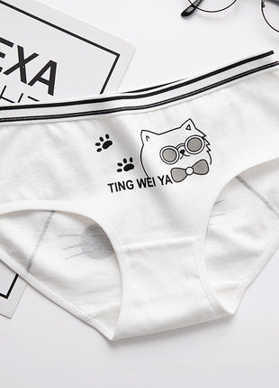 Black And White Cute Cartoon Mid Waist Sheath Breathable Underwear