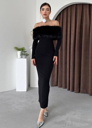 Off-shoulder Fur Collar Slim Fit Dress