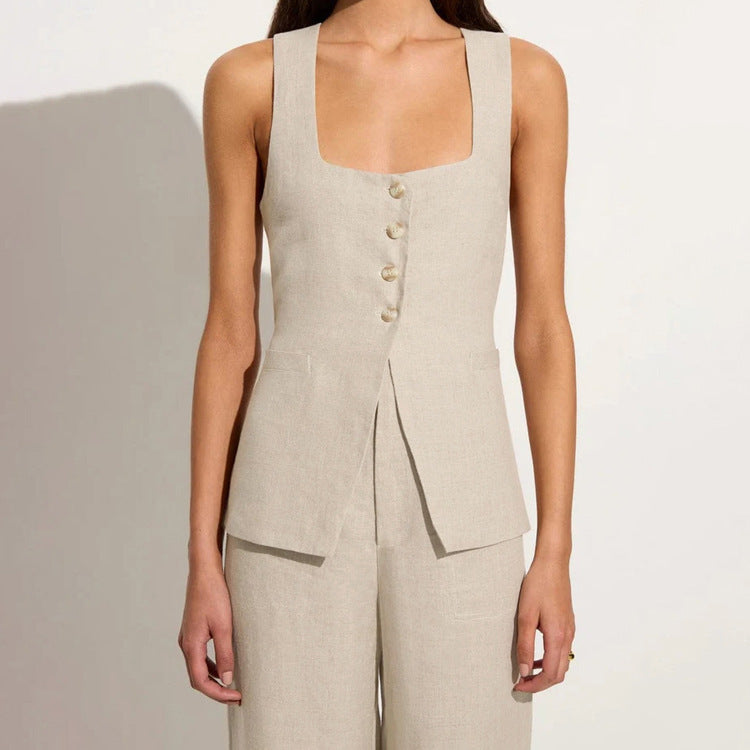 Cotton Sleeveless Square Collar Lace Up Vest High Waist Wide Leg Pants Suit Set