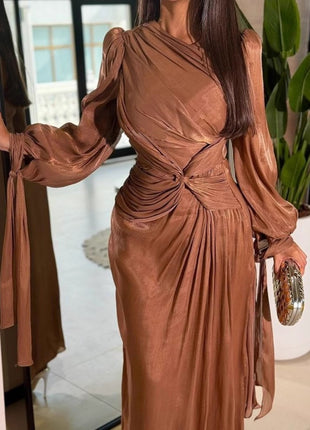 Pleated Ribbon Shiny Evening Dress