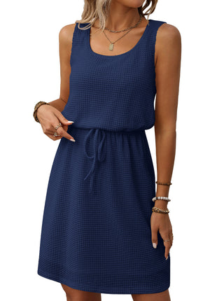 Square Collar Drawstring Sleeveless Vest Dress With Lining