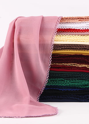 Elegant Women's Monochrome Lace Panel Pearl Chiffon Scarf