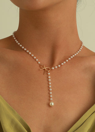Bow Pearl Tassel Pendant Necklace