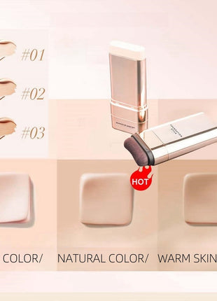 Makeup product with color swatches and application examples on a beige background