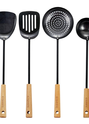 Big Black Long Handle Non-stick Cooking Iron Chef Set of 4